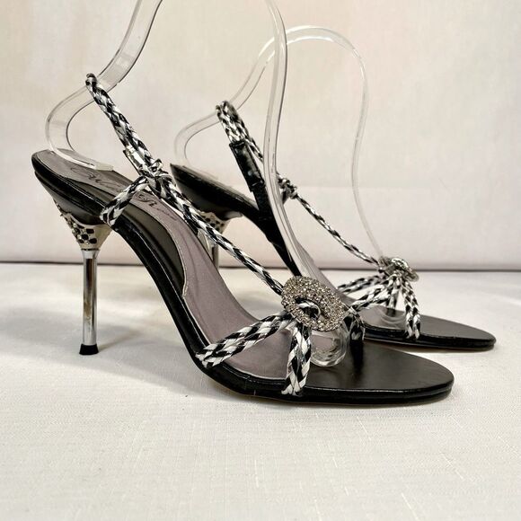 BLACK, WHITE & SILVER BRAID 4” HEEL SANDAL w RHINESTONES SAMDAL SIZE 8 EUC - Picture 1 of 8